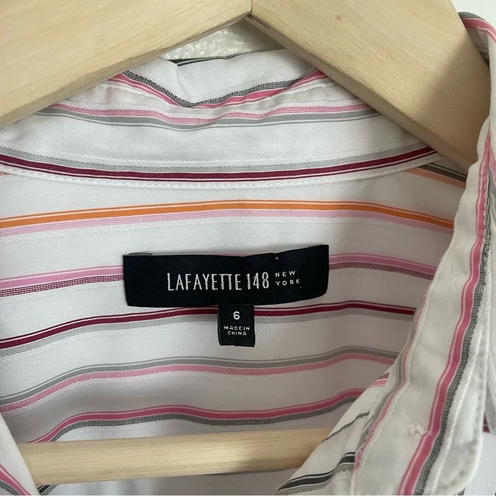 Lafayette 148 Woman’s 3/4 Sleeve Striped Button Down Shirt Sz 6 Office Academia - Picture 7 of 8